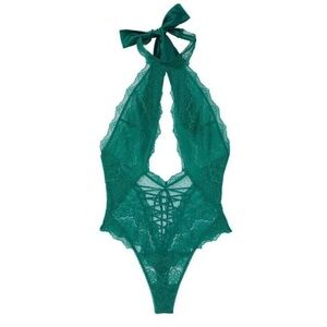 Victoria’s Secret High Neck Lace-up Floral Flocked Teddy Green Lingerie s S